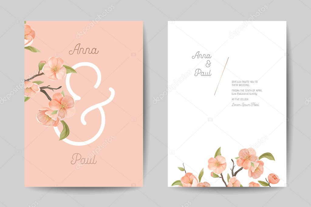 Wedding Invitation. Floral Cute Cards Front and Back Side Design Set. Pink Cherry Flowers, Leaves and Branch Decoration, Invite Poster Banner Flyer Brochure Template. Cartoon Flat Vector Illustration