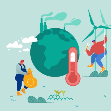 Küresel ısınma kavramı. Çöpleri Toplayan Adam, İşçi Yel Değirmenleri Kurdu. İnsanlar bitkileri ve toprağı önemser, Fabrika boruları duman yayar. Kirlilik Sisi Co2 Gaz Emisyon Çizgi Filmi Düz Vektör İllüstrasyonu