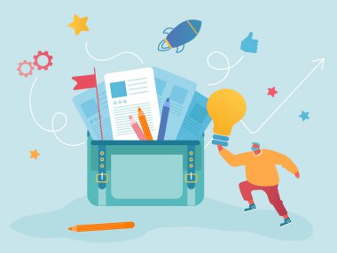 Yaratıcı İşadamı 'nın iyi bir fikri var. İş adamı, Başarılı İş Projesi Bileşeni olarak Parlayan Ampulü Büyük Portföy Çantasına koydu. Ofis İşçisi İçgörü Çizgi Filmi Düz Vektör İllüstrasyonu