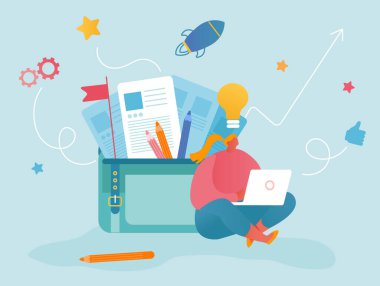 Dizüstü bilgisayarında, kafası üzerinde parlayan ampulle çalışan bir kadın. Büyük Portföy Çantasının yanında, farklı araç ve doktorlarla oturuyor. Ofis İşçisi, Serbest Çalışan Yaratıcı Fikir Çizgi Filmi Düz Vektör İllüzyonu Var