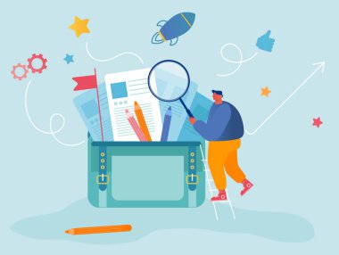 Evrak çantasının içindeki Büyük Portföy Arama Belgeleri 'nde Merdiven Üzerinde Büyüteçle İşadamı. Katip Ofisi İşçisi Her gün rutin, İş Öznitelikleri Çizgi Film Düz Vektör İllüstrasyonu