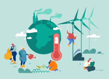 Küresel ısınma kavramı. Dünya yakınlarındaki fabrika borularının duman çıkardığı karakterler, termometre yüksek sıcaklığı gösteriyor. Toz Havası Kirliliği, Co2 Gaz Emisyon Çizgi Filmi Düz Vektör İllüstrasyonu