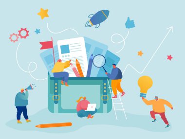 Ofis İşi ve Ortaklık Konsepti. Büyük Evrak Çantası 'nın etrafındaki iş adamları. İş Adamları Portföy Çanta Çizgi Filmi Düz Vektör İllüzyonuna Farklı Kırtasiye ve Belgeler Koydular