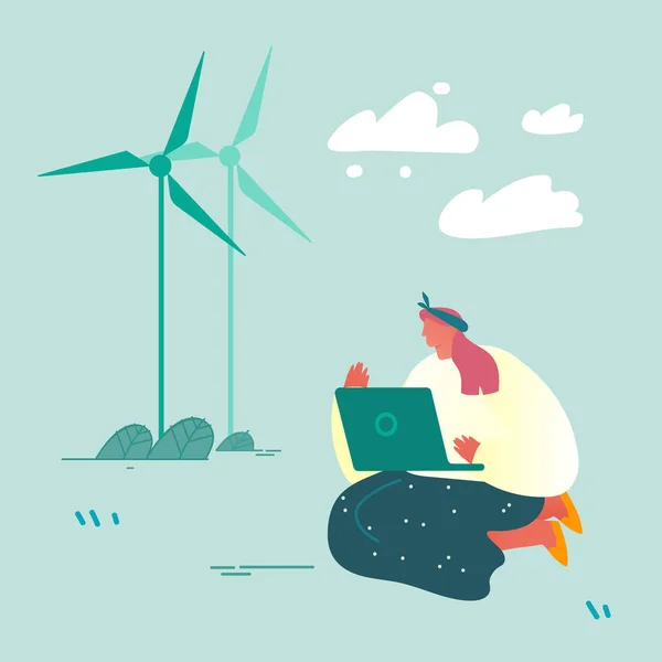 Woman with Laptop Sitting on Ground near Windmills Analysing Worldwide Situation, Reading News of Global Warming and Nature Pollution Problem. Girl Care of Environment Cartoon Flat Vector Illustration — 스톡 벡터