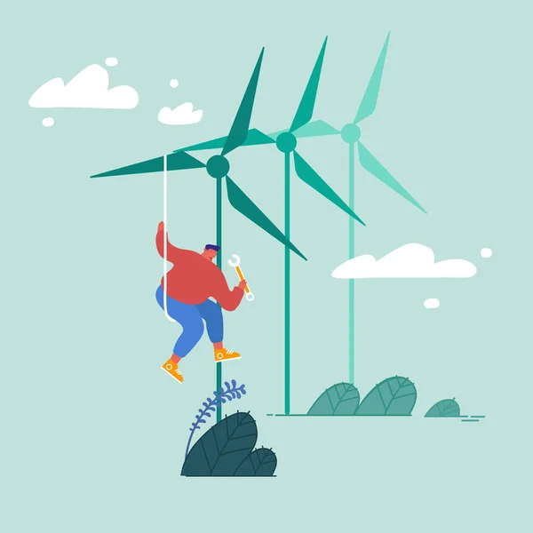 Opwarmingsconcept. Werknemer Onderhoud van Windmolens. Groene stad windturbines, Milieuvriendelijke elektriciteit, Milieubescherming, Ecologische Technologieën Cartoon Flat Vector Illustratie — Stockvector