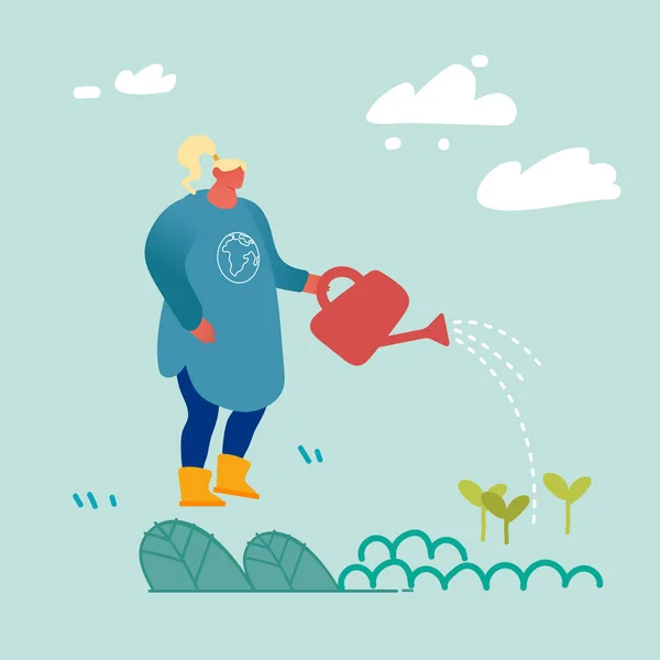 Woman Volunteer Care of Green Plants Watering from Can on Nature Contexte. Jardinage Hobby, réchauffement climatique, pollution de l'environnement, concept d'impact du chauffage mondial. Illustration vectorielle plate de bande dessinée — Image vectorielle