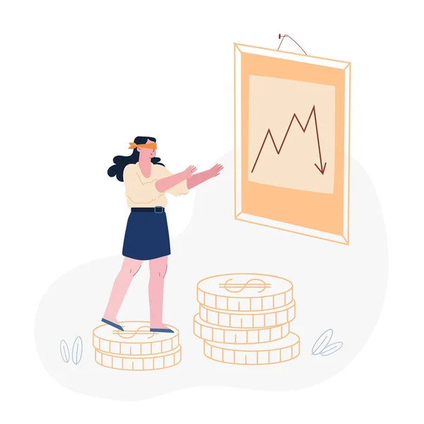 Business Finance Crisis Concept. Blinddoek Zakenvrouw Stap voor Dollar Munten in de buurt van Arrow Diagram Fall Down. Verminder Economy Sale Drop. Investeerder Bankrupt Verloren Geld Cartoon Flat Vector Illustratie — Stockvector