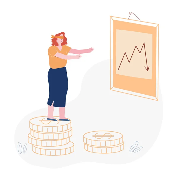 Crisi finanziaria, recessione degli investimenti su Stock Concept. Blindfold Businesswoman Stand at Chartboard with Arrow Going Down Donna d'affari che cerca di toccare grafico cadente Cartoon Flat Vector Illustrazione — Vettoriale Stock