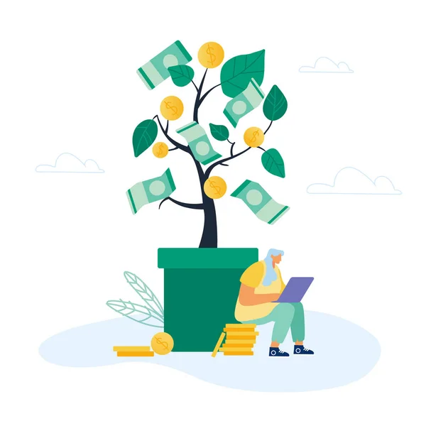 Donna d'affari seduta su un mucchio di monete d'oro vicino a un enorme vaso con albero dei soldi, banconote in dollari appese alle filiali. Freelancer Remote Work, Investimenti, Strategia di trading Cartoon Flat Vector Illustrazione — Vettoriale Stock