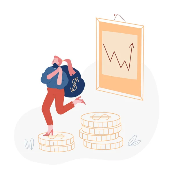 Smart Businesswoman Carry Sack with Dollars on Back Geld uit de beurs halen voordat inkomensverlies en economische crisis beginnen. Investeringen, Trading Finance Cartoon Flat Vector Illustratie — Stockvector