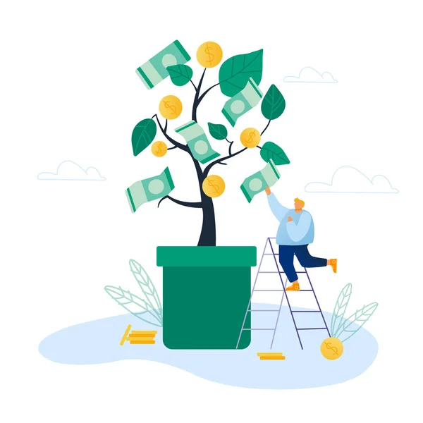 Empresário Fique em Ladder Pick Dollar Banknote da Money Tree Branch. Investimento, Crowdfunding, Conceito Poupança. Man Growing Finance Wealth for Future Freedom (em inglês). Desenhos animados ilustração vetorial plana — Vetor de Stock