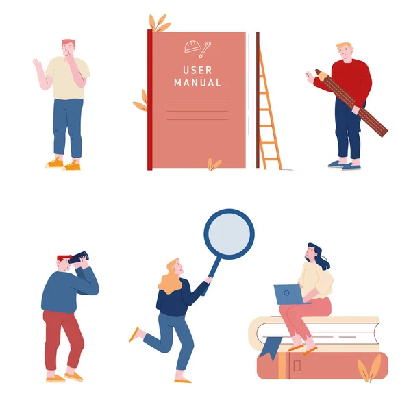 Set of Men and Women Using Manual Guide Book. Personas con Instrucción de Orientación o Libros de Texto. Los clientes que leen la guía y la instrucción de escritura, manual ayudan a la ayuda. Dibujos animados plana Vector Ilustración — Vector de stock