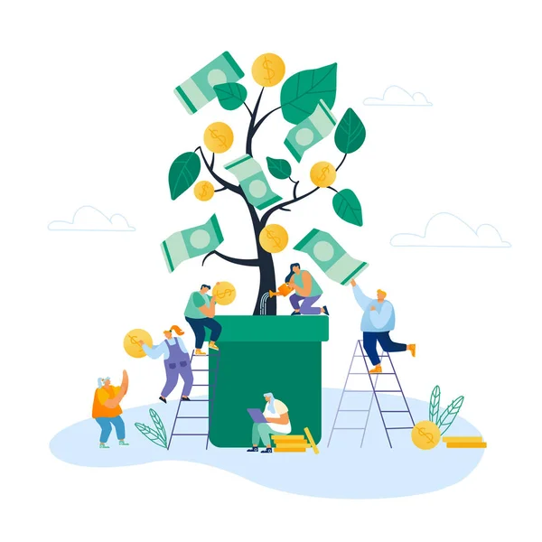 Financieel winst- en investeringsconcept. Zakelijke mensen besproeien Plant in Pot, het verzamelen van gouden munten en bankbiljetten van Enorme Money Tree. Inkomen uit bankdeposito 's, Cartoon Flat Vector Illustratie — Stockvector