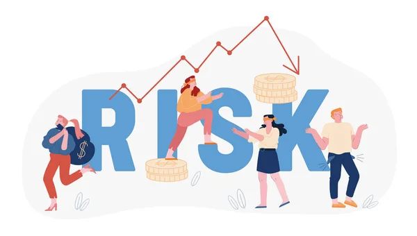 Concepto de Crisis de Riesgo Financiero y Economía. Los empresarios ciegos caminan alrededor del diagrama de flecha que baja. Fracaso de inversión, Problema de dinero Folleto de pancartas del cartel. Dibujos animados plana Vector Ilustración — Vector de stock