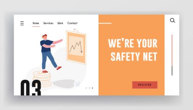 Ticari Riskler ve Ekonomik Kriz Sitesi İniş Sayfası. Arrow 'un Web Sayfasından Aşağı Giden Arrow' un önündeki Altın Para Yığını 'nın Kıyısındaki Tüccar Duruşu. Çizgi film Düz Vektör İllüstrasyonu