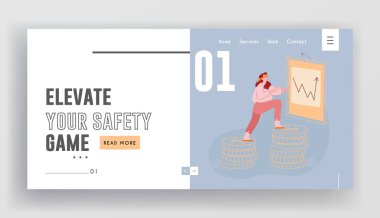 Kriz Önleme, Risk Yönetimi, Yatırım Başarısız Web Sitesi İniş Sayfası. Chart Board Web sayfasında Yükselen Ok 'a dokunmaya çalışan iş kadını. Çizgi film Düz Vektör İllüstrasyonu