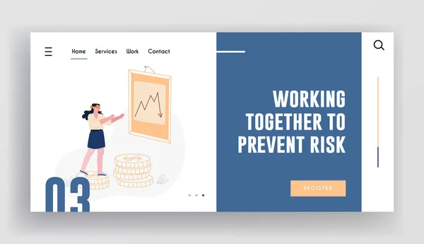 Business Finance Crisis webbplats Landning sida. Blindfold Affärskvinna Steg för Dollar Mynt nära Arrow Diagram Fall Down. Investerare Konkurs förlorade pengar webbsida Banner. Tecknad platta vektor Illustration — Stock vektor