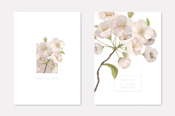 Hochzeitseinladungskarte Set mit Kirschzweig und weißen Blumen dekorative Zierschablone. Blumenposter, Grußhintergrund, Flyer-Broschüre. Cartoon flache Vektorillustration — Stockvektor