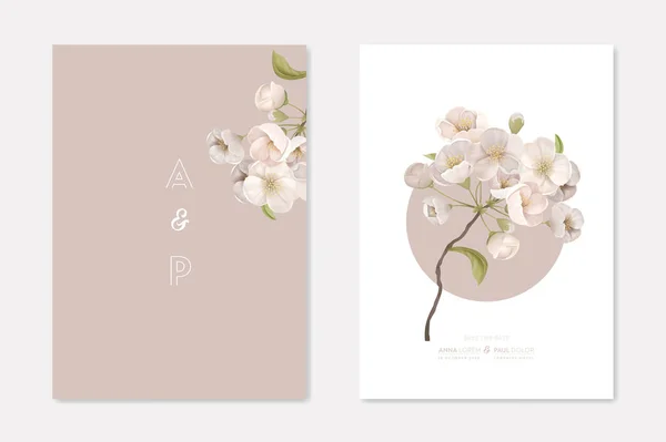 Stylish Wedding Invitation Cards Templates Set. Decorative Vintage Elements Composition with Cherry Flowers on White and Beige Background, Poster Banner Flyer Brochure Cartoon Flat Vector Illustration — 스톡 벡터