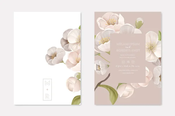 Romantic Trendy Wedding Ceremony Invitation Cards Set. White Cherry Sakura Flowers with Leaves on Beige Background. Nature Art Poster Banner Flyer Brochure Templates Cartoon Flat Vector Illustration — Stock Vector