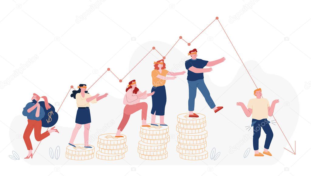 Economic Recession, Sale Drop and Finance Crisis Concept. Blindfold Business People Follow Decline Red Arrow Chart, Falling Down Graph Management Failed Achieve Profit Cartoon Flat Vector Illustration
