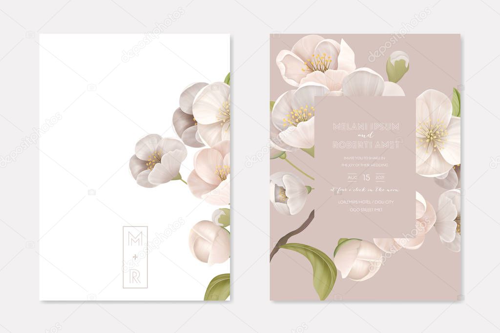 Romantic Trendy Wedding Ceremony Invitation Cards Set. White Cherry Sakura Flowers with Leaves on Beige Background. Nature Art Poster Banner Flyer Brochure Templates Cartoon Flat Vector Illustration