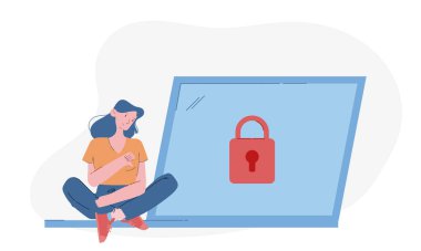 Unhappy Sad Woman Sitting at Huge Laptop Keyboard with Padlock on Screen Show Thumb Down. Girl Trying to Remember Lost Password for Profile and Account in Internet. Cartoon Flat Vector Illustration