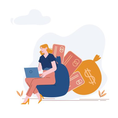 Young Woman Sitting on Chair with Credit Cards and Sack with Dollars nearby Working on Laptop. Money Transfer and Currency Exchange Online Service Digital Technologies Cartoon Flat Vector Illustration