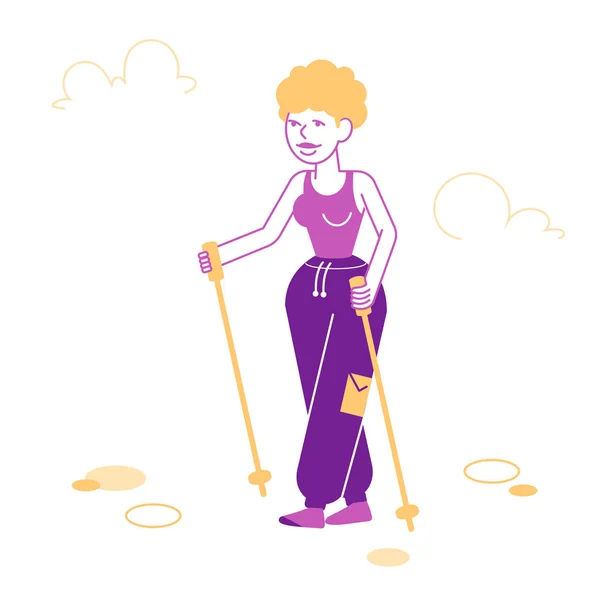 Happy Woman zdravý životní styl a venkovní sporty. Ženská postava Cvičení se skandinávskými Nordic Walking Tyčky. Lady Sports Activity Trekking Routing, Cartoon Flat Vector Illustration, Line Art — Stockový vektor