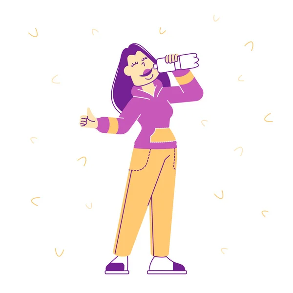 Athletic Beautiful Sportswoman Drinking Pure Water from Bottle Refreshing herself after Running or Fitness Sports Activity. Healthy Sport Lifestyle Concept Cartoon Flat Vector Illustration, Line Art — 스톡 벡터