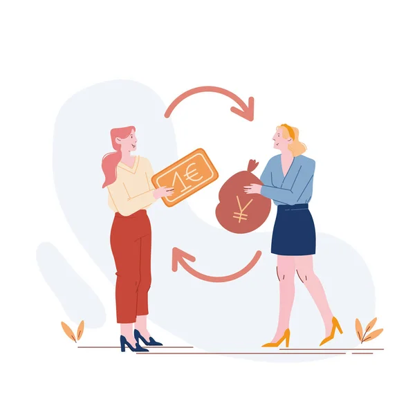 Currency Exchange Concept. Woman Giving One Euro Bill for Sack of Yens. Trader Profession, Global Finance and Economics Situation, European and Japanese Money Changing Cartoon Flat Vector Illustration — 图库矢量图片