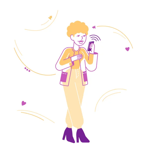 Jonge vrouw op zoek op het scherm van Smartphone Leesbericht of Browsing in Internet Networks. Mobiele telefoon gadget verslaving, mobiele telefoon communicatie concept. Cartoon Flat Vector Illustratie, Lijnkunst — Stockvector