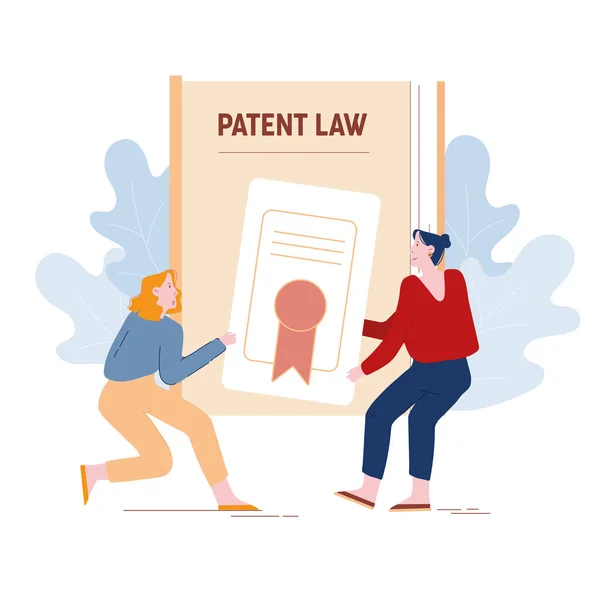 Wütende Erfinderinnen oder Autorinnen, die Patentrechtszertifikate ziehen, weil sie für Urheberrechte kämpfen. Rechtsstreitigkeiten um geistiges Eigentum Konzept Cartoon Flat Vector Illustration — Stockvektor