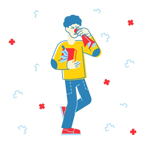 Nemocný kýchá. Nemocný mužský charakter s červeným nosem hospodářství utírá Trpí nachlazení viru nakažlivé, chřipka a příznaky nachlazení. Coronavirus Infection Cartoon Flat Vector Illustration Line Art — Stockový vektor