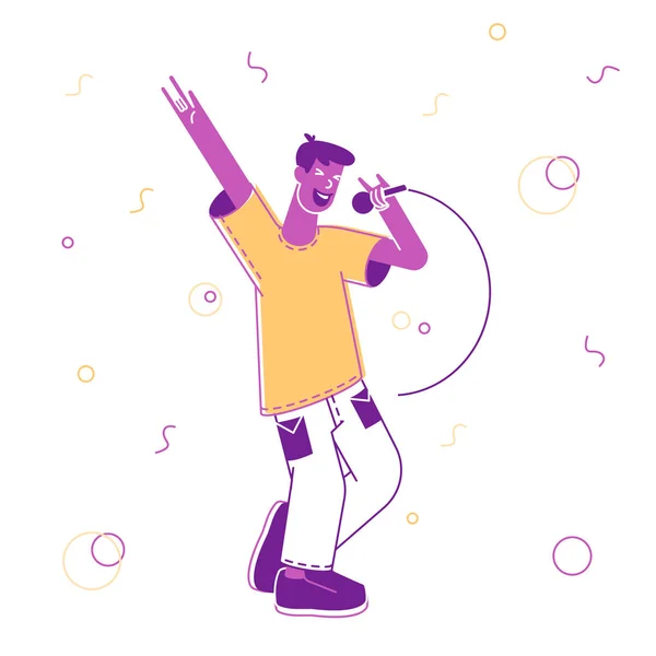 Happy Man Διασκεδάζοντας Τραγουδώντας στο Karaoke Bar ή το Night Club. Αρσενικός χαρακτήρας με μεγάλη διάθεση έχοντας κόμμα εκτέλεση τραγουδιού στα γενέθλια ή εκδήλωση Εορτασμός. Κινούμενο σχέδιο επίπεδη διανυσματική απεικόνιση, γραμμή τέχνης — Διανυσματικό Αρχείο