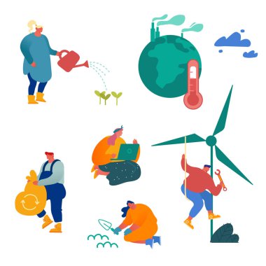 Global Warming Set. Tiny Characters Care of Plants, Factory Pipes Emitting Earth with Smoke, Thermometer Show High Temperature. Dust Air Pollution, Co2 Gas Emission Cartoon Flat Vector Illustration