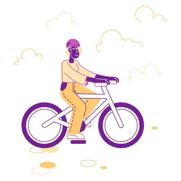 Велогонщица в спортивной одежде и шлеме катается на велосипеде на открытом воздухе в летний день. Велоспорт и здоровый образ жизни "," Гонщик в гонках ". Мультфильм "Плоский вектор", линейное искусство — стоковый вектор