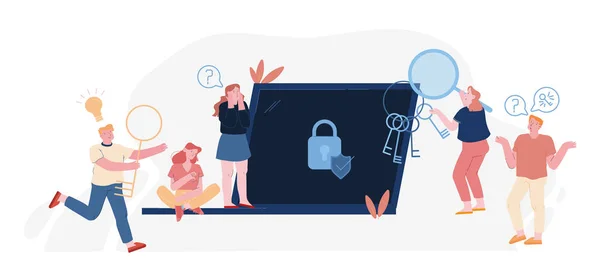 Hasło i informacja Defend Concept. Użytkownicy na ogromnym laptopie z kłódką i tarczą na ekranie cierpiący na utratę kodu Pin konta. Happy Person biegnie z Key 'em. Ilustracja wektora płaskiego kreskówki — Wektor stockowy