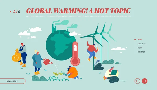 Página de aterrizaje del sitio web de Calentamiento Global. Cuidado de las plantas cerca de la tierra con tuberías de fábrica que emiten humo, termómetro Mostrar banner de página web de alta temperatura. Dibujos animados plana Vector Ilustración — Archivo Imágenes Vectoriales