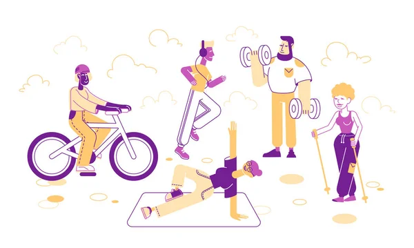 Sport Activities Set. People Doing Sports Stretching Exercise, Fitness Workout with Dumbbells, Riding Bicycle, Scandinavian Walk. Healthy Lifestyle, Leisure. Cartoon Flat Vector Illustration, Line Art — Stock vektor