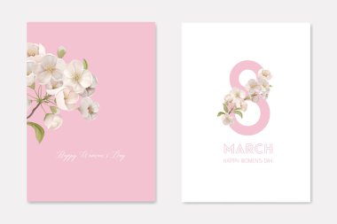Happy Womans Day 8 March Greeting Cards Set with Cherry Branch and Eight Number. White Sakura Flowers Decorative Ornamental Template. Floral Poster Flyer Brochure Cartoon Flat Vector Illustration