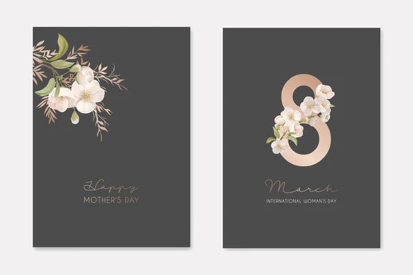 Romantic Trendy Greeting Cards Set for Happy Womans Day 8 March Holiday. White Cherry Sakura Flowers with Leaves on Dark Background with Eight Number Nature Art Flyer Cartoon Flat Vector Illustration — 스톡 벡터
