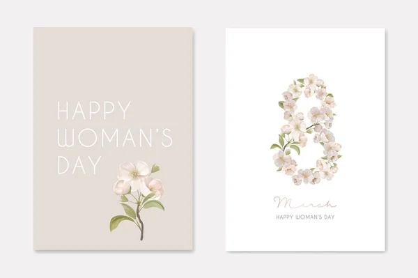 8 March International Womans Day Greeting Card Background withRealistic Flowers. Eight Number Made of Cherry Blossoms, Composition for Romantic Holiday, Elegant Vintage Design. Vector Illustration — 스톡 벡터