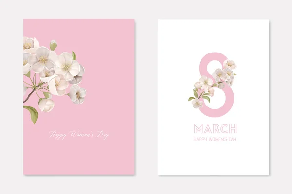 Happy Womans Day 8 March Greeting Cards Set with Cherry Branch and Eight Number. White Sakura Flowers Decorative Ornamental Template. Floral Poster Flyer Brochure Cartoon Flat Vector Illustration — Stock Vector