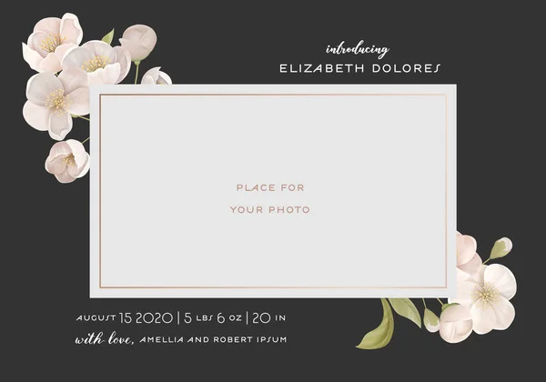 Introducing Baby Card Template with Realistic White Cherry or Sakura Flowers, Creative Elegant Background, Frame for Photography with Birth Certificate Information of Newborn Child Vector Illustration — 스톡 벡터