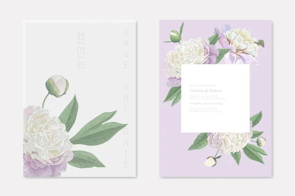 Save the Date Wedding Invitation Card Design. White Peony Flowers with Green Leaves, Elegant Frame with Greenery on Pink Background, Luxury Postcard Template, Flyer Graphic Mockup Vector Illustration — ストックベクタ
