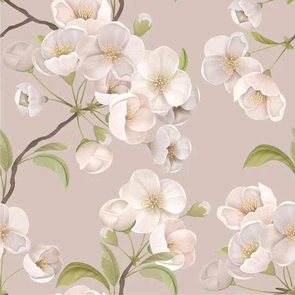 White Cherry Flower Seamless Pattern with Blossoms and Leaves on Beige Background. Wallpaper or Wrapping Paper Decoration, Textile Ornament, Blooming Sakura Decor for Fabric Art. Vector Illustration — 스톡 벡터