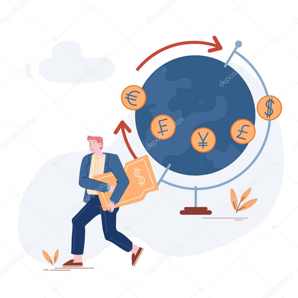 Young Businessman Carry Dollar Bill Passing Huge Globe with Different Currency Symbols Euro Franc Yen Pound Dollar
