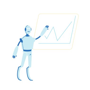 Robot Ofiste Çalışıyor Rising Chart ile Gemide Yazıyor. Gelecekçi Teknoloji, Akıllı Cihaz Otomatikleştirme İnsan Hayatı Konseptinde Yapay Zeka. Çizgi film Düz Vektör İllüstrasyonu, Satır Sanatı