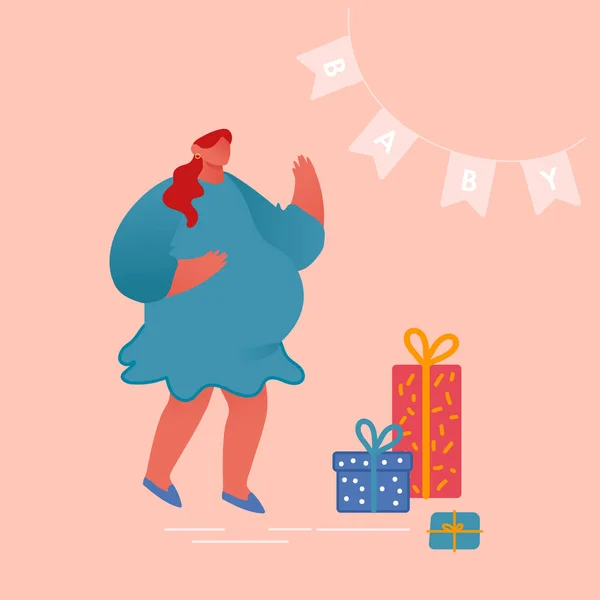 Hermosa mujer embarazada con gran barriga Stand cerca de montón de cajas de regalo envueltas celebrando fiesta de la ducha del bebé Congratulation y regalos de familiares y amigos Dibujos animados plana Vector Ilustración — Vector de stock